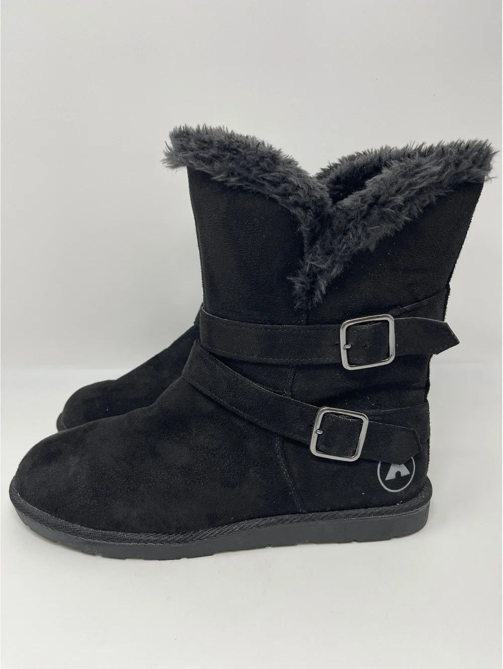Airwalk Womens Size 9.5 Black Suede Faux Fur Trim Double Buckle Winter Boots